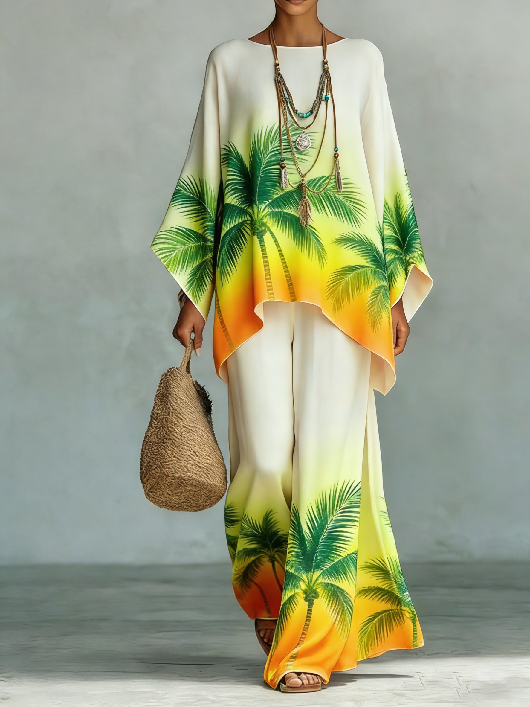 Comfortable & loose print pattern cotton & linen wide-leg pants two-piece set