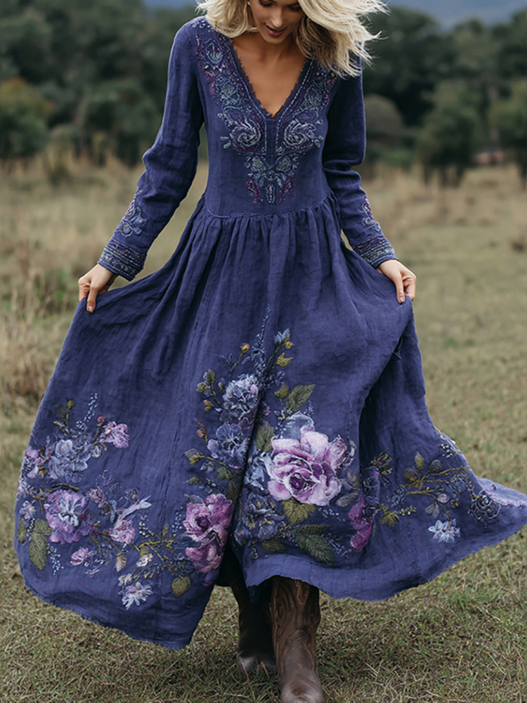 Vintage Classy Purple Floral Embroidered Maxi Dress