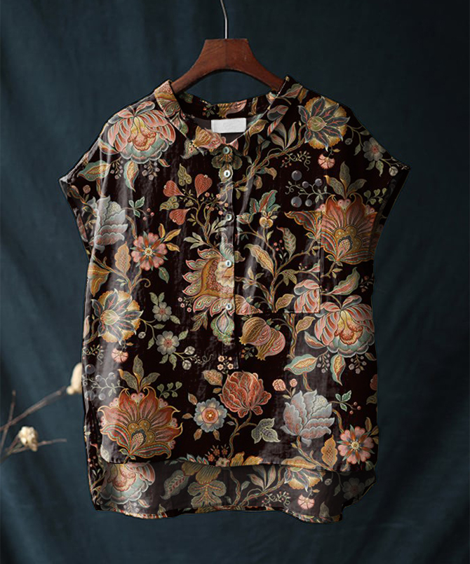 Vintage Floral Print Short-sleeved Cotton & Linen Shirt