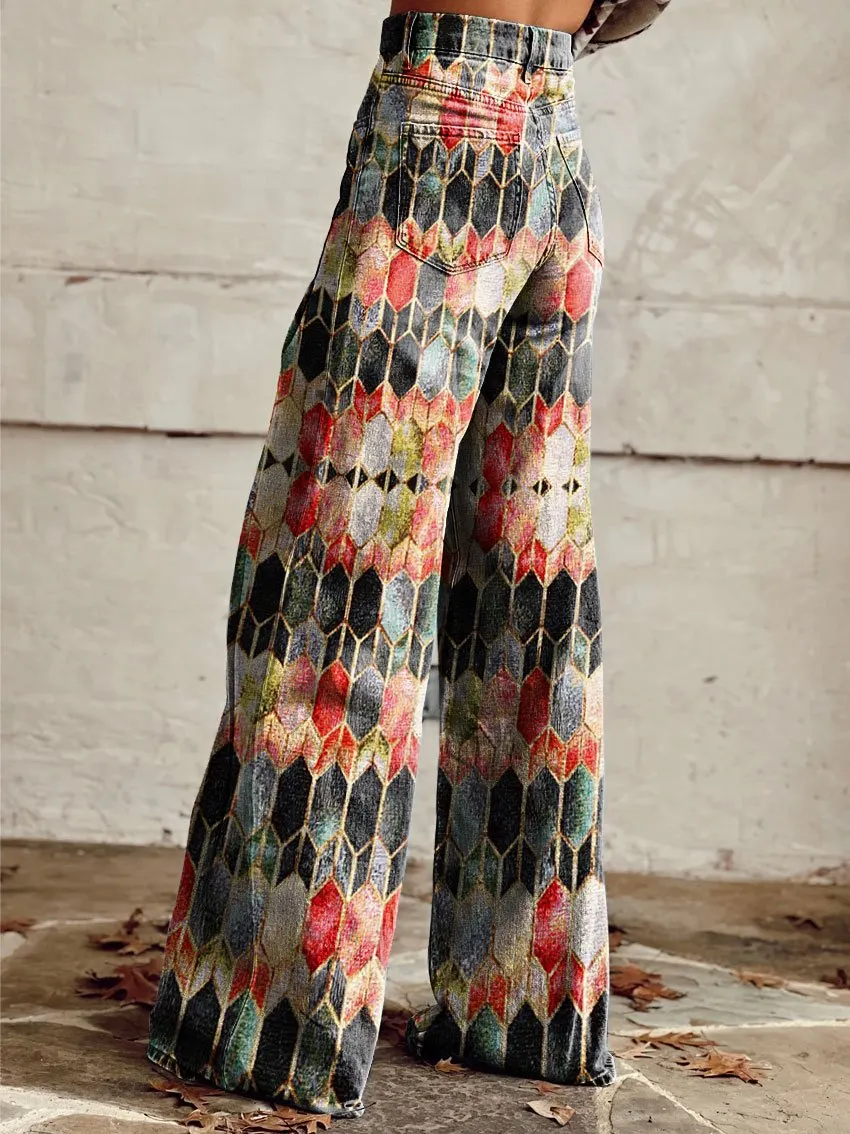 Vintage Geometric Pattern Print Casual Wide-Leg Pants