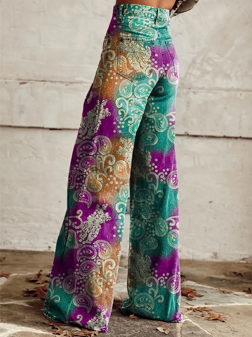 Vintage Print Casual Wide-Leg Pants