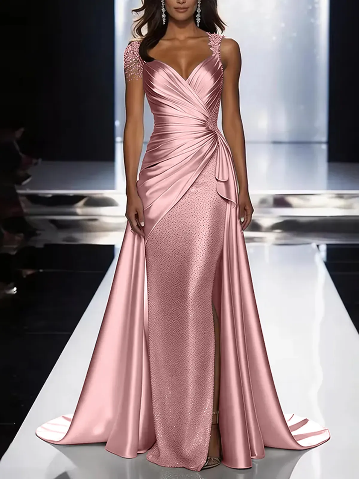 Silver Grey Deep V-Neck Draped Satin Metallic Mermaid Maxi Dress