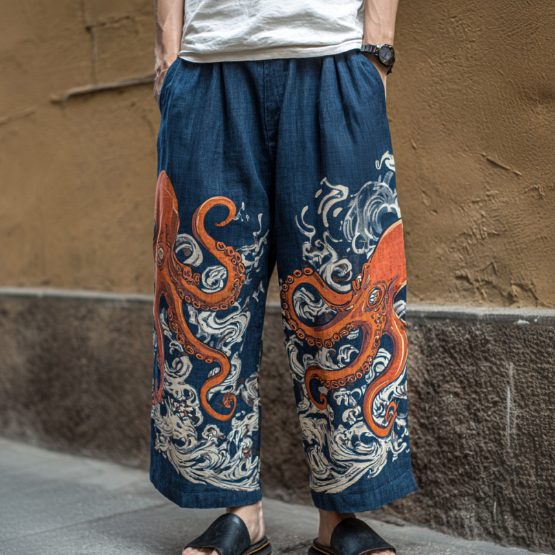 Men's Retro Japanese Art Ocean Octopus Print Casual Pants
