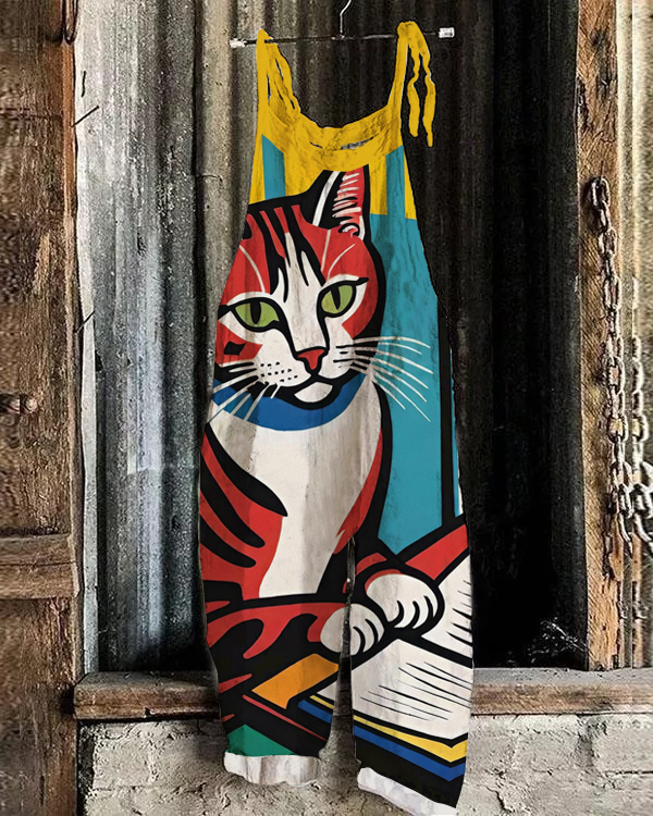 Vintage Cat & Book Print Jumpsuit