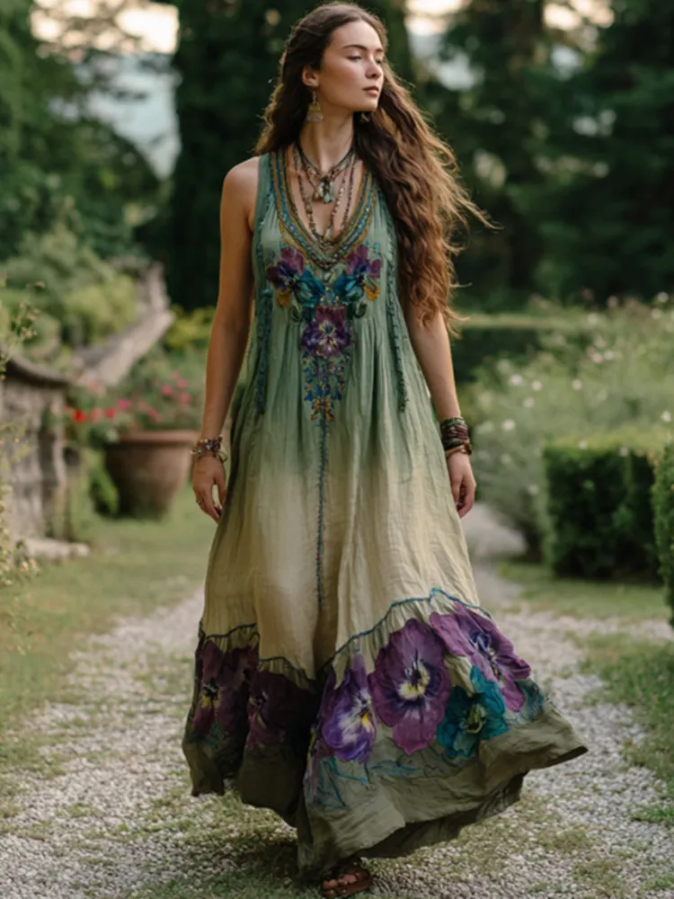 Vintage Purple Flowers Embroidered Gradient Maxi Dress