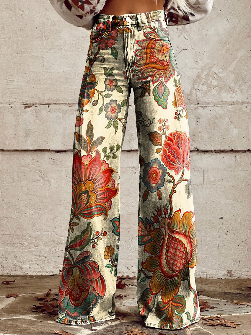 Vintage Wild West Print Casual Wide-Leg Pants