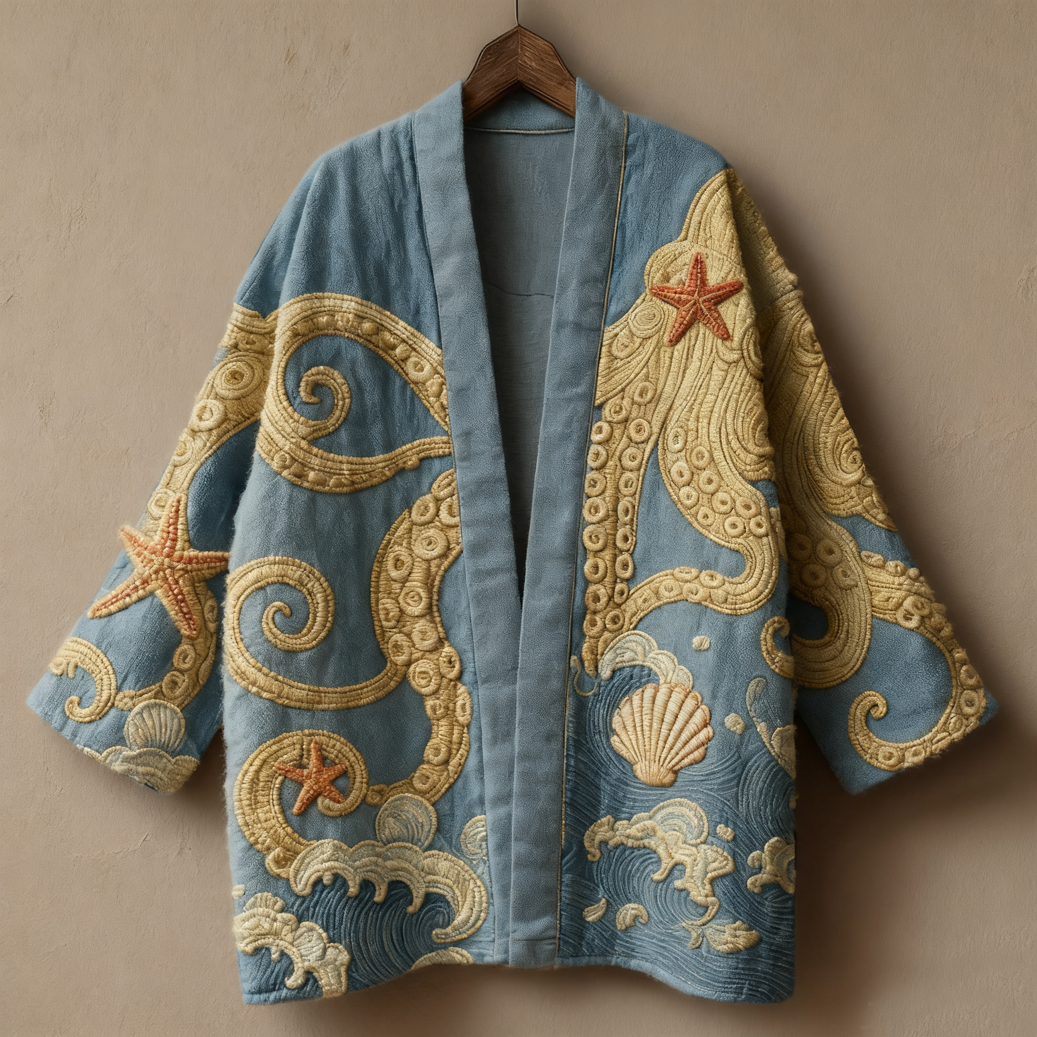 Japanese art ukiyo-e three-dimensional embroidered linen kimono cardigan