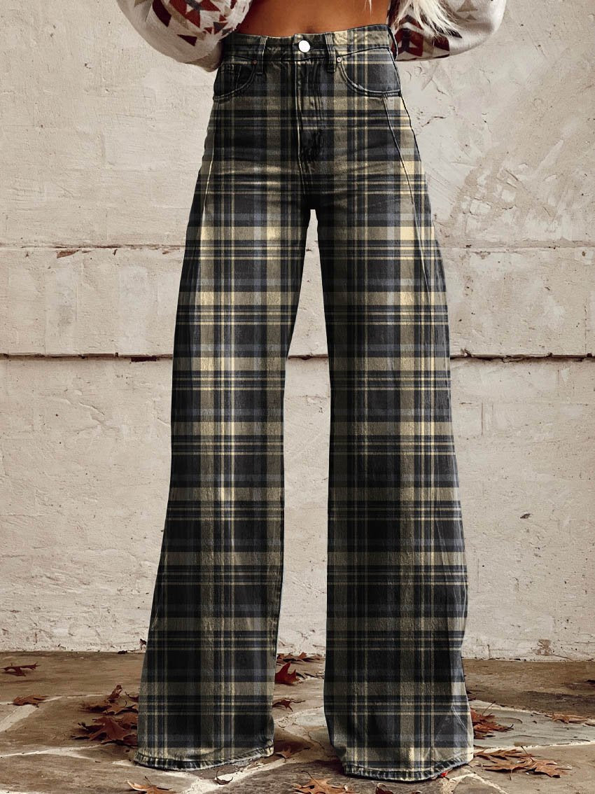 Yellow Black Check Print Casual Wide-Leg Pants