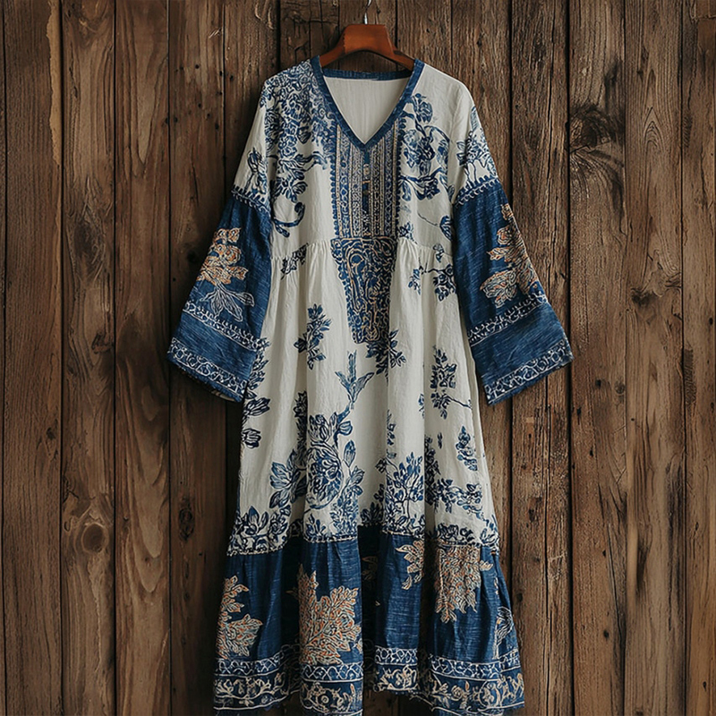 Floral V-neck Long-sleeved Dress