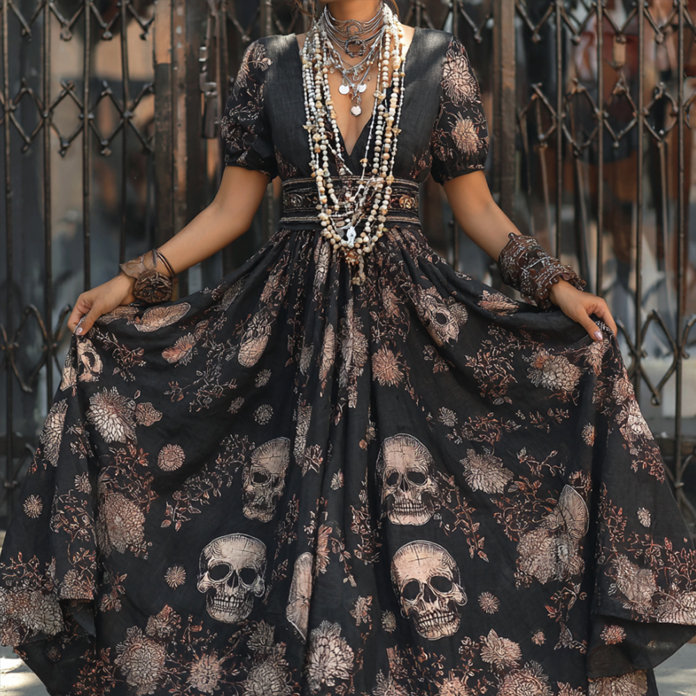 Mexican Day Of The Dead Skull Embroidery Short-sleeved Patchwork Long Evening Dress