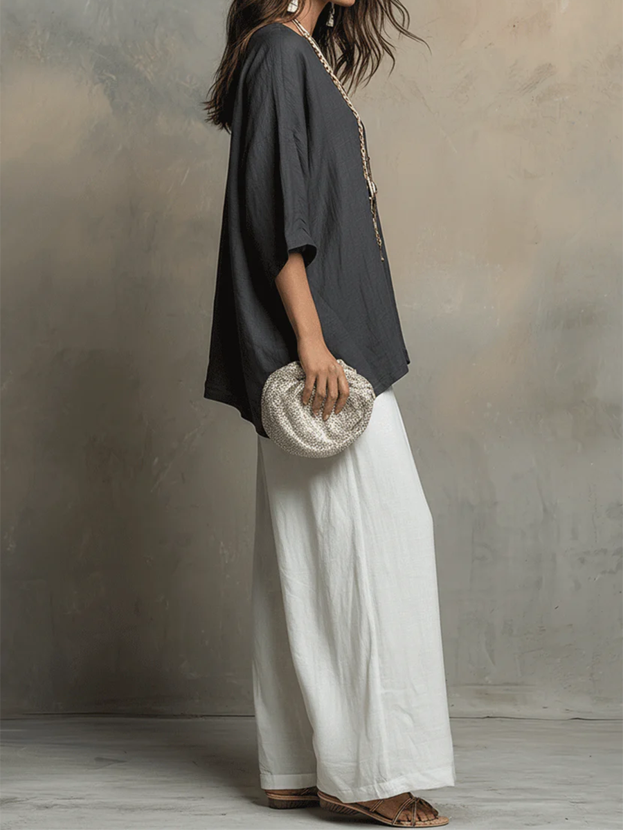 Cotton-linen Irregular Top & Wide-leg Pants Two-piece Set