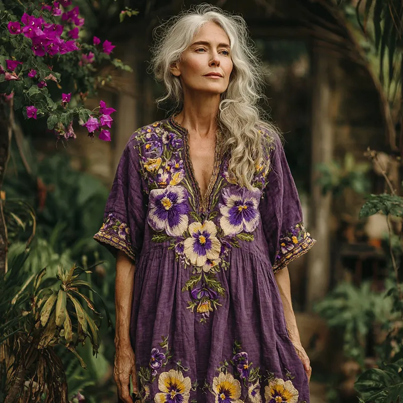 Women's Pansy Embroidery Design Inspired Art Casual V Neck Maxi Dress