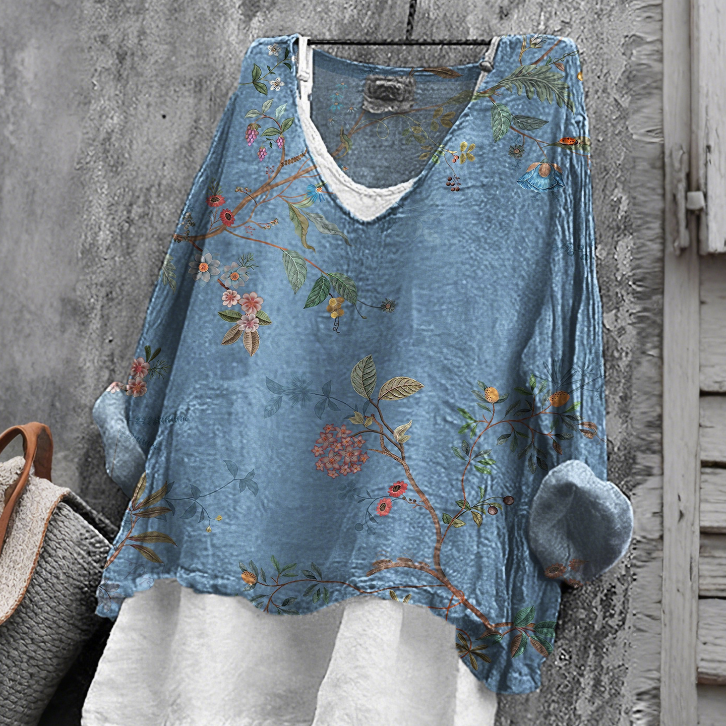 Vintage Floral Art Print V-neck Loose Linen T-shirt