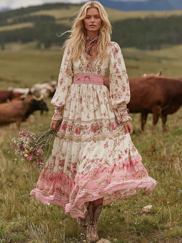 Women's Vintage Pink Rose Casual V-neck Dress