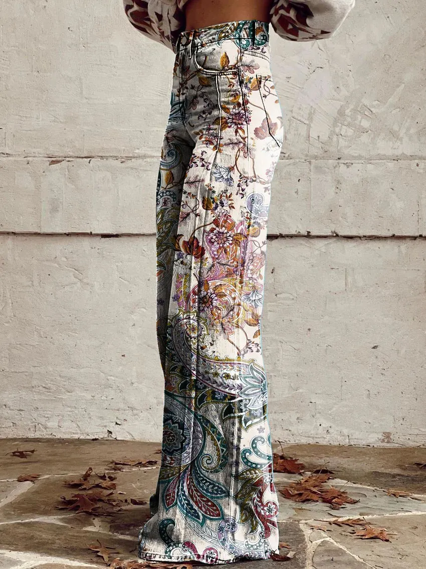 Vintage Paisley Print Casual Wide-Leg Pants