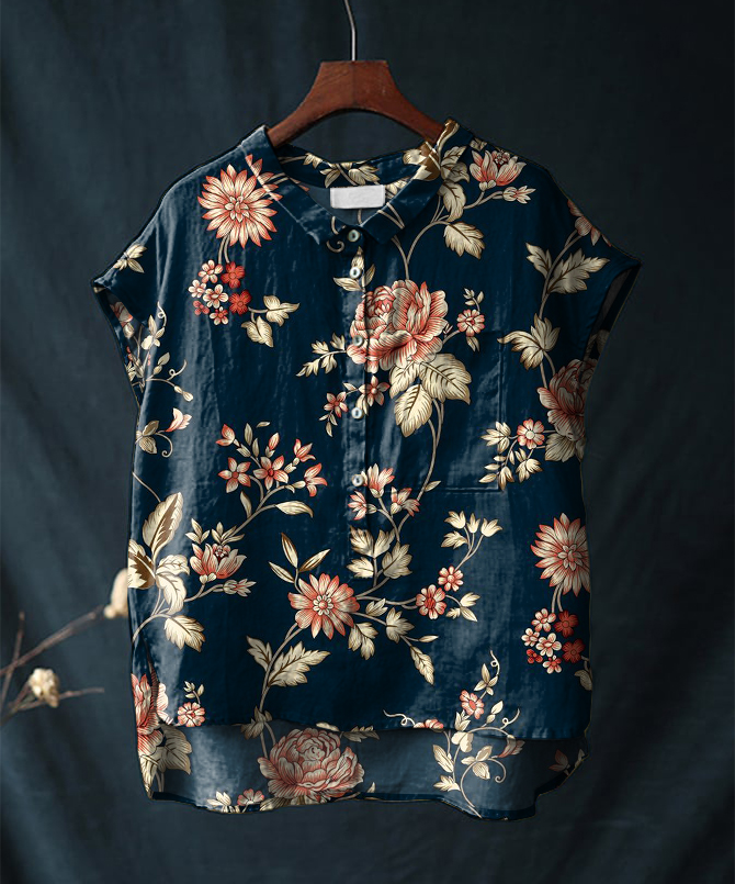 Vintage Floral Print Short-sleeved Cotton & Linen Shirt