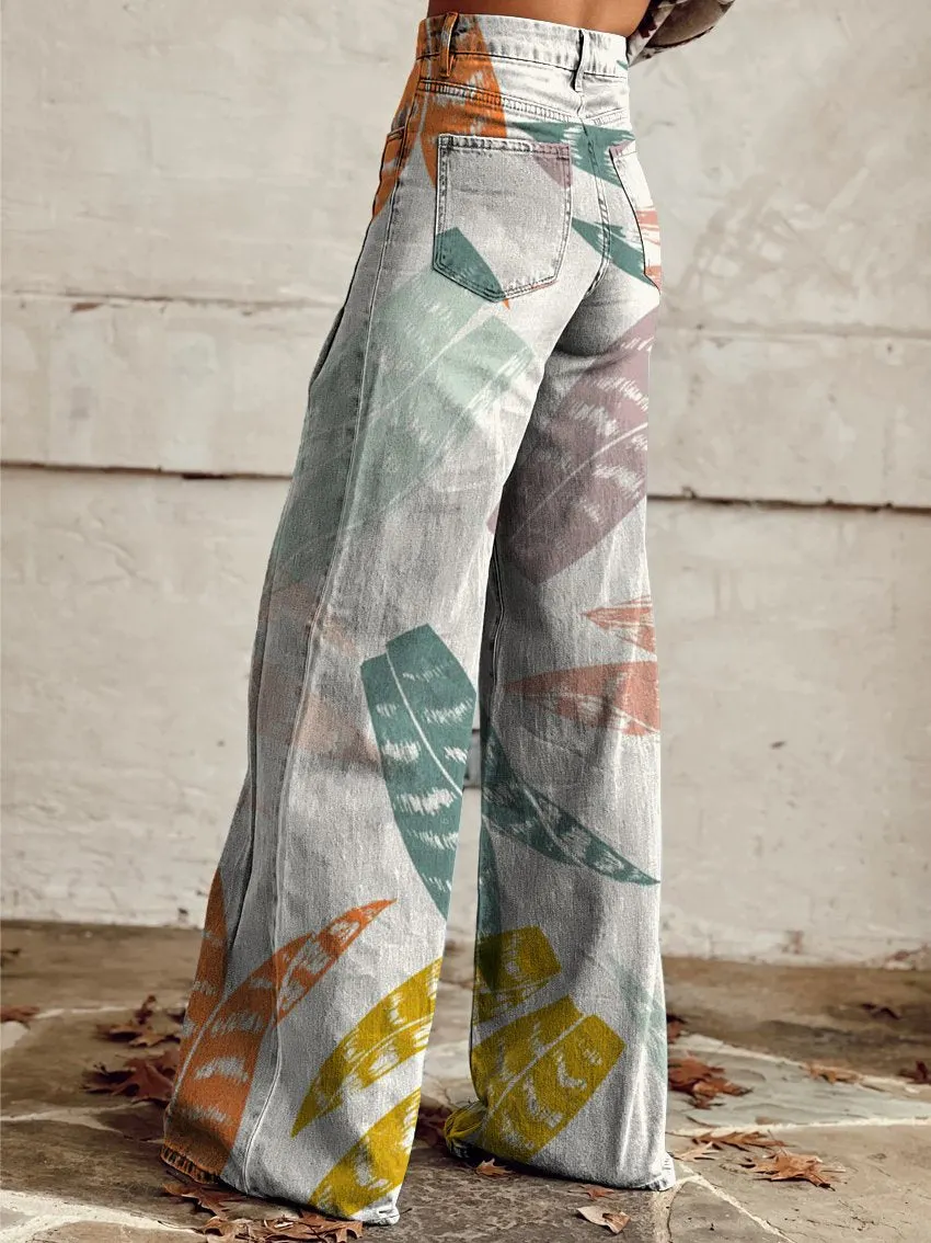 Vintage Print Casual Wide-Leg Pants