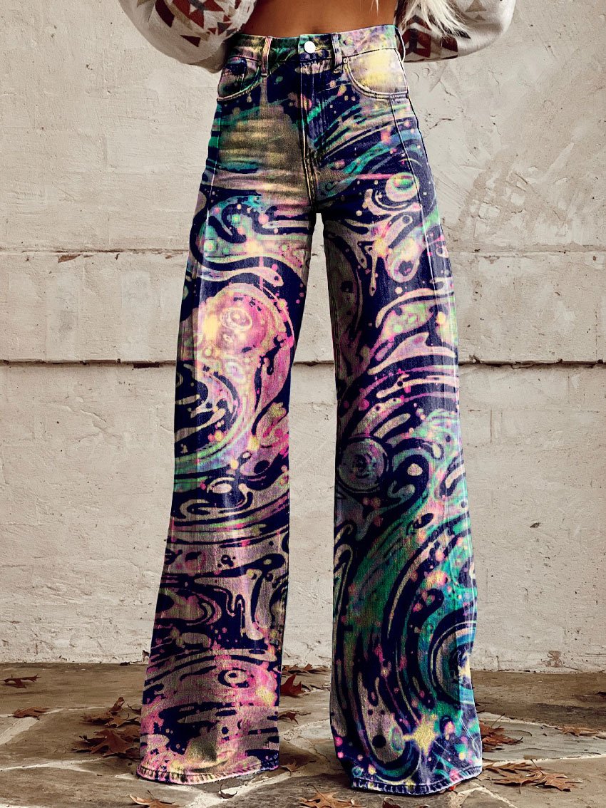 Vintage Print Casual Wide-Leg Pants