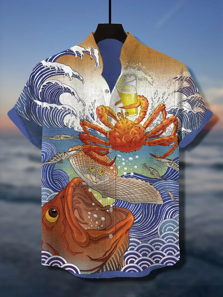 Men's Fish & Scallop Waves Crab Drinking Beer Art Print Casual Shirt