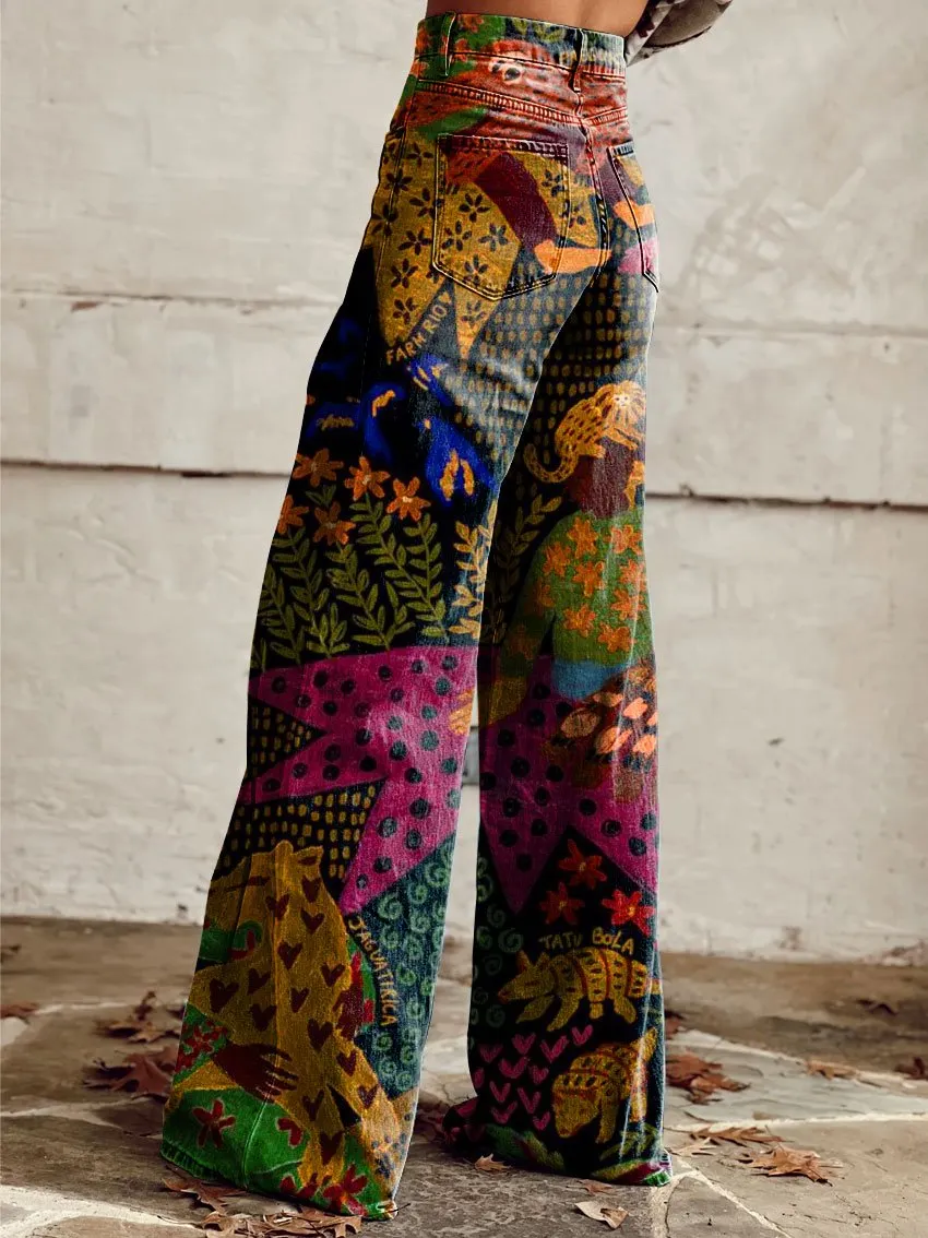 Vintage Print Casual Wide-Leg Pants