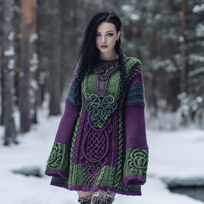 Vintage Viking Celtic Knot Art Knit Cozy Casual Cozy Knit Mini Dress