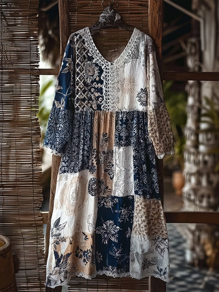 Japanese Art Retro Style Geometric Patchwork Design Lace Patch Women's Cotton & Linen Dress