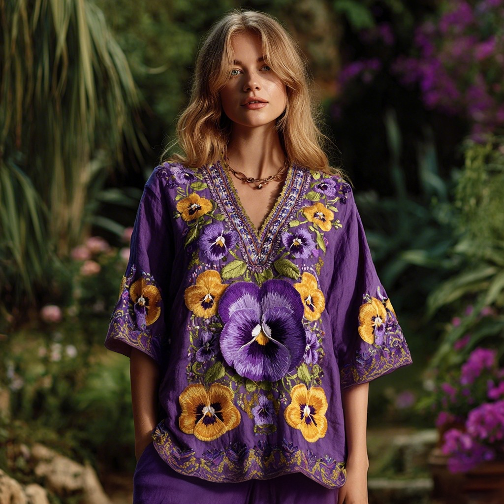 Women's Purple Pansy Embroidery Design Print Three-quarter Sleeves Shirt