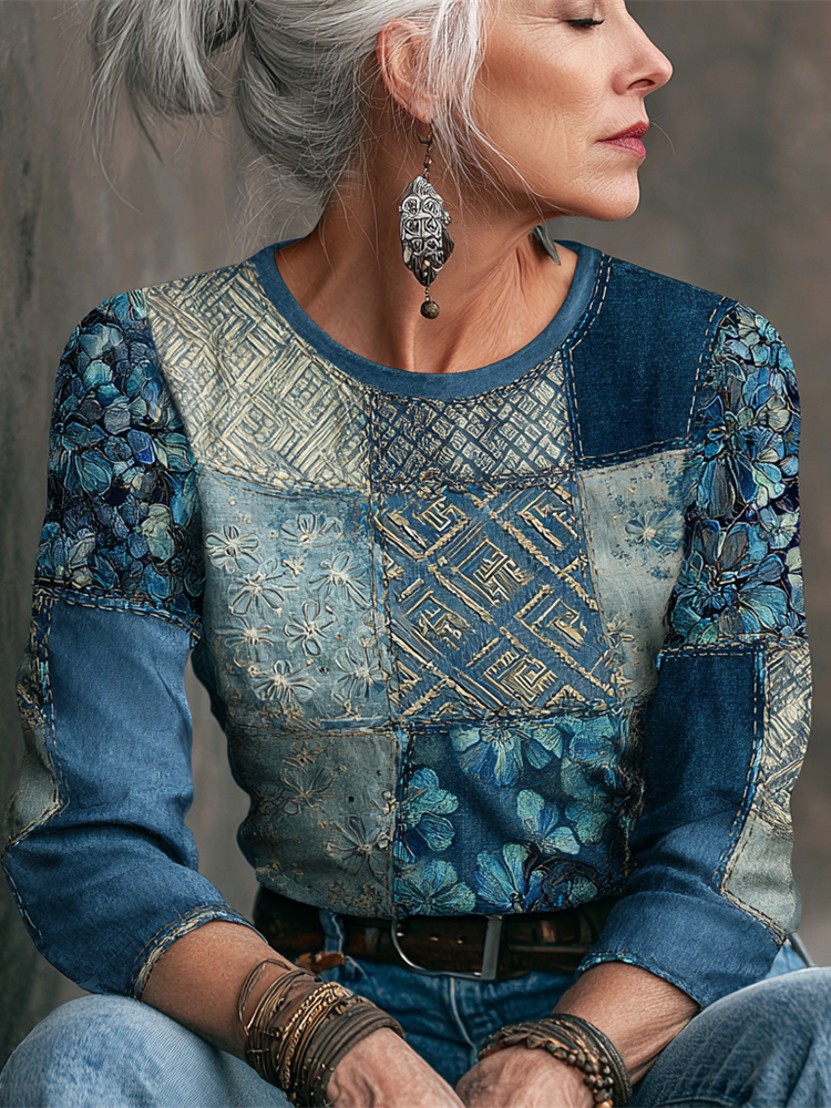 Hydrangea Geometric Vintage Women's Linen Long Sleeve Shirt