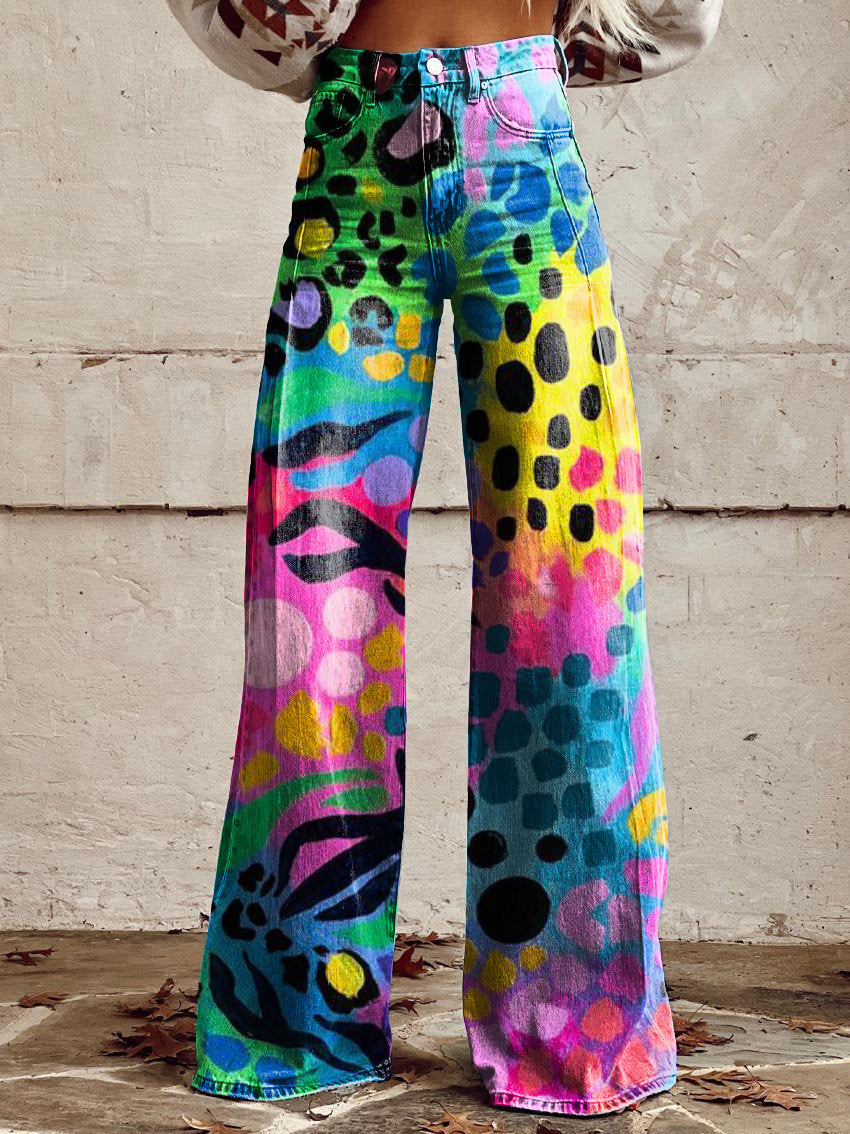 Retro Colorful Leopard Print Art Casual Wide-Leg Pants