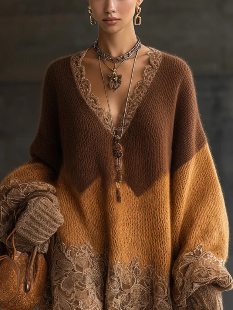 Brown Ombre Knit Lace Oversized Long Sleeve Mini Dress