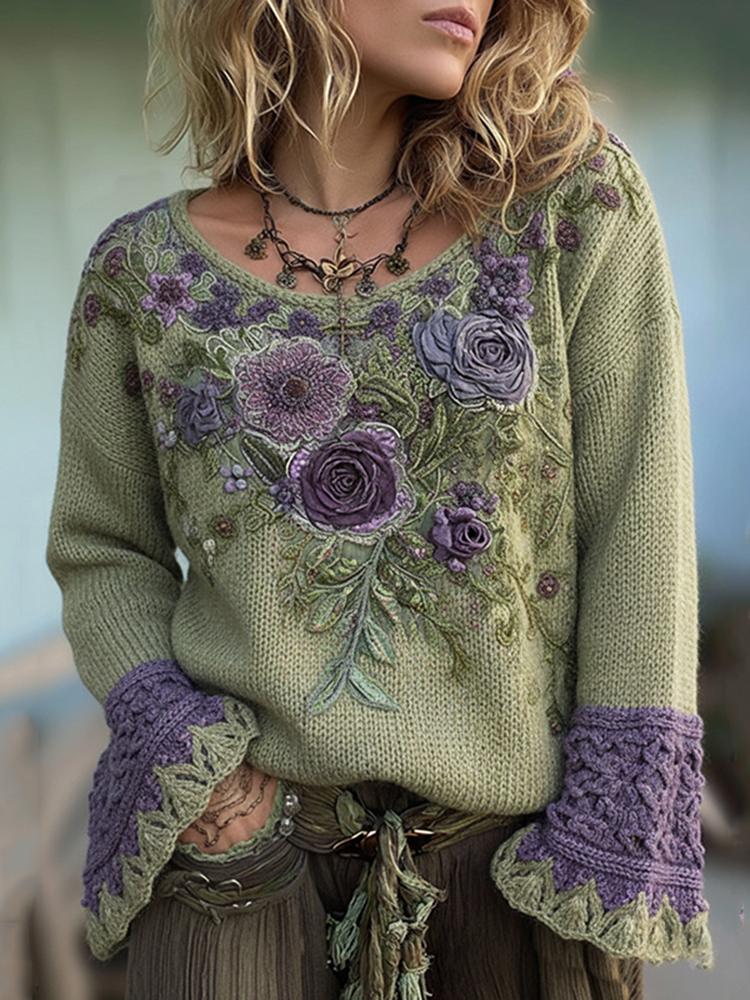 Classy Gradient Purple Lavender And Floral Embroidered Sweater