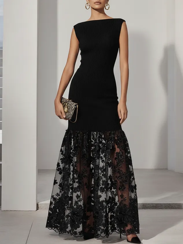 Black Lace Knit Boat Neck Sleeveless A-Line Floor-length Gown