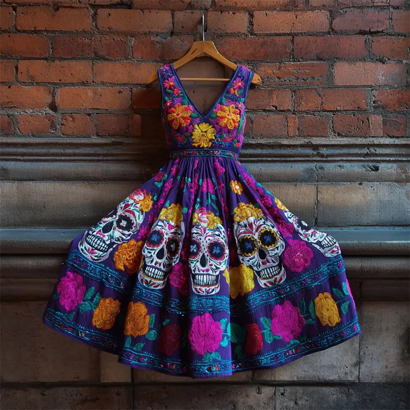 Day Of The Dead Sugar Skulls Floral Embroidered Evening Dress