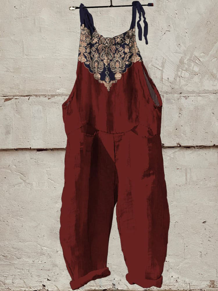 Vintage Flower Vase Pattern Casual Wide-Leg Jumpsuit