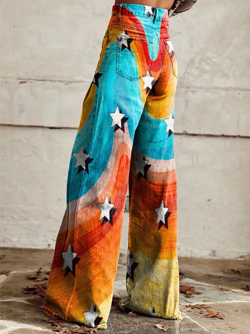 Vintage Rainbow Stars Print Casual Wide-Leg Pants