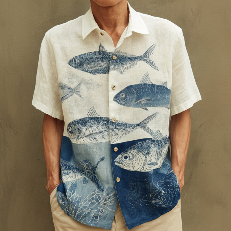 Men's Japanese-style Art Fish Print Color-blocked Short-sleeved Shirt