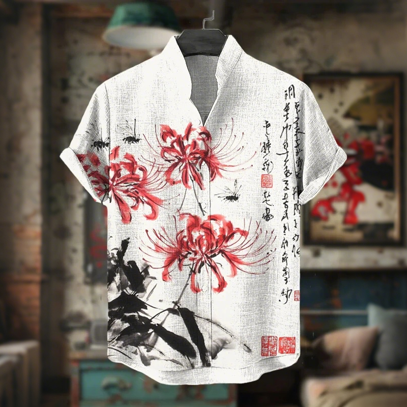 Men's Red Spider Lily Calligraphy Ink Painting Art Print Casual Shirt