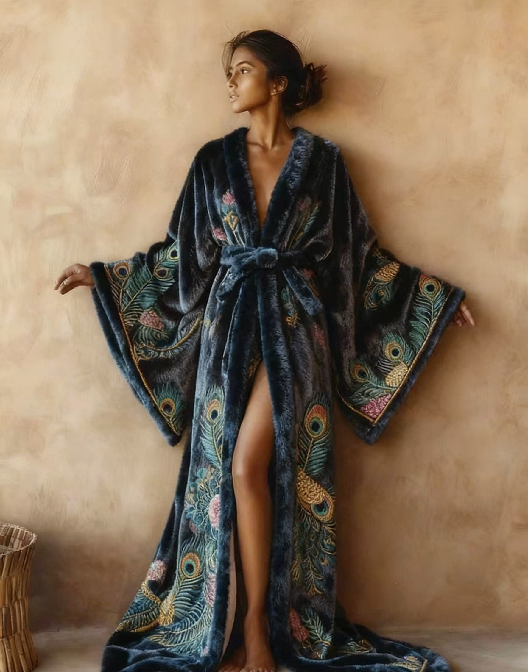 Abstract  Art Print Kimono Long Gown Autumn and Winter Robe With Belt