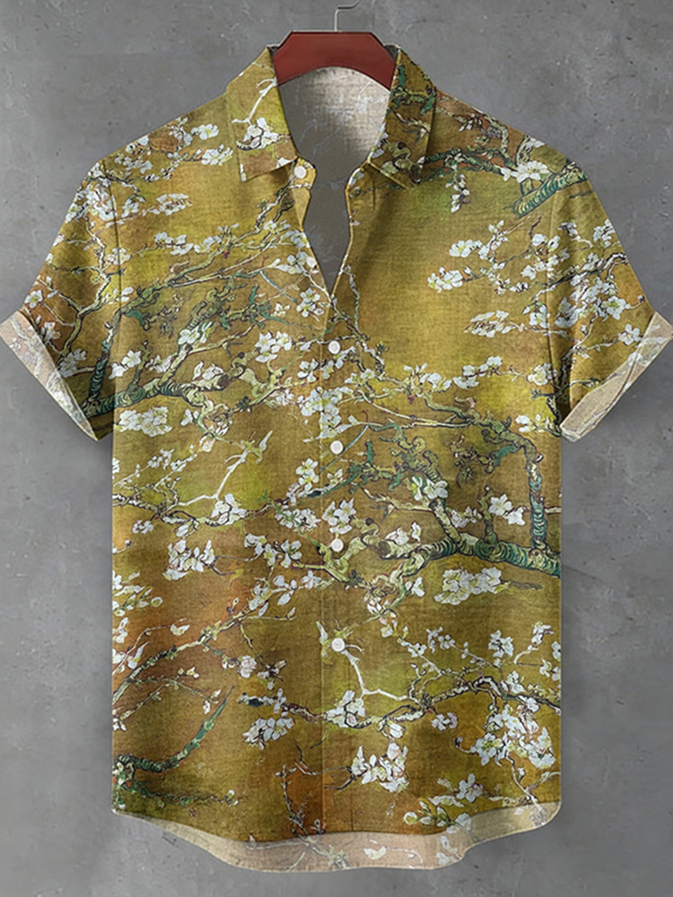 Men's Retro Floral Print Casual Short-sleeve Linen Shirt