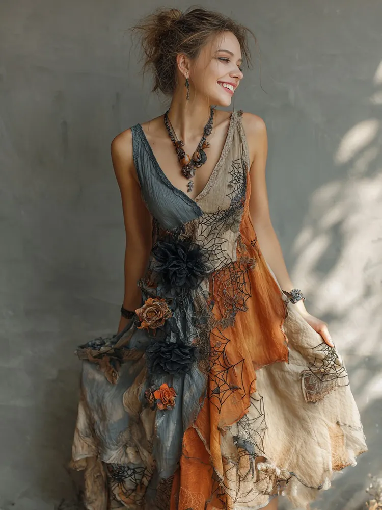Women's Boho Witch Floral And Spider Web Sleeveless Evening Dress