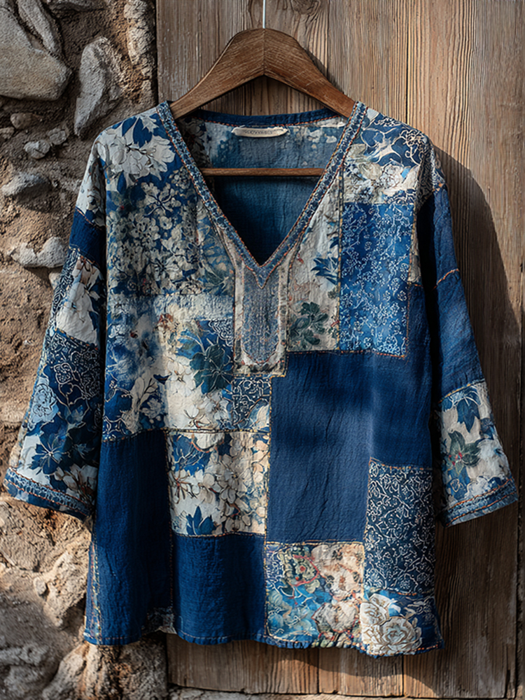 Vintage Japanese Traditional Sashiko Art Pattern Linen Blend Casual Tops