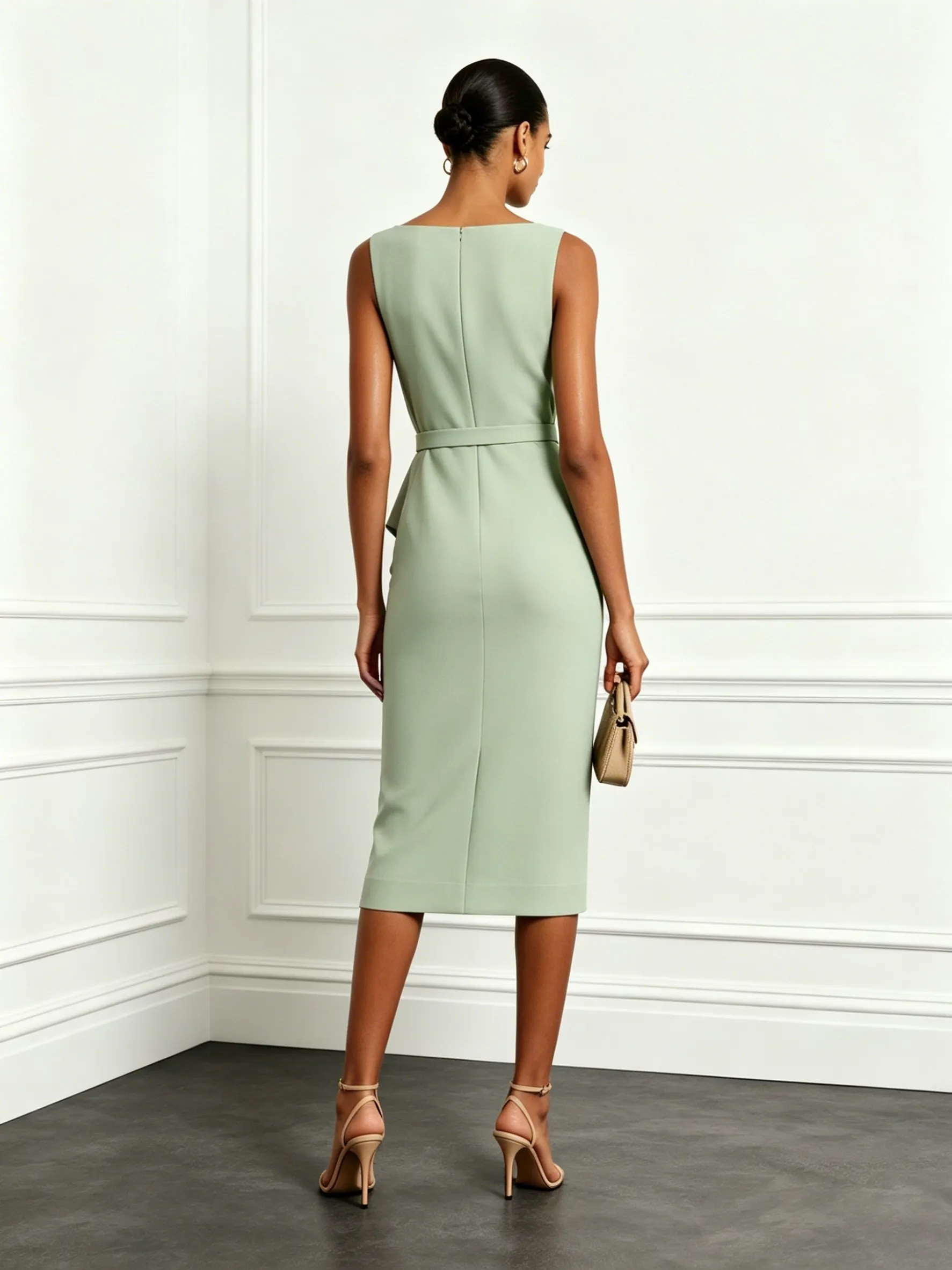 Sage Green Ruched Classic Boat Neck Sleeveless Sheath Midi Dress
