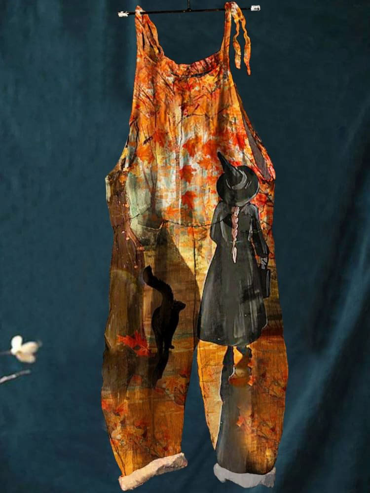 Halloween Witch Art Print Casual Wide-Leg Jumpsuit