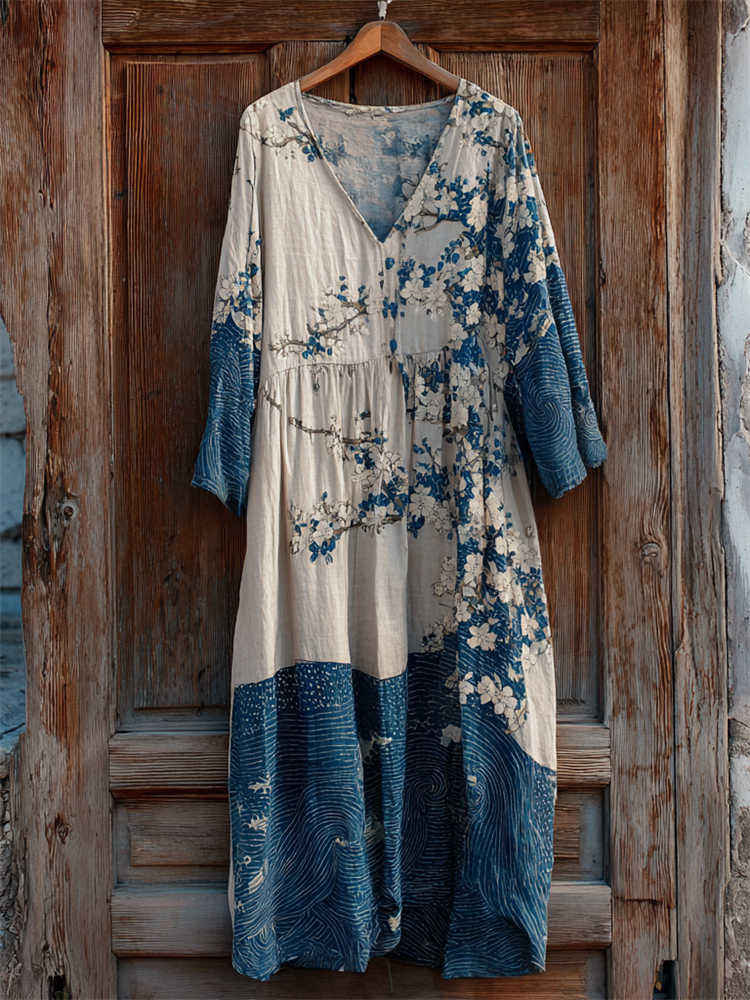 Japanese Almond Blossom Sea Waves Contrast Linen Dress