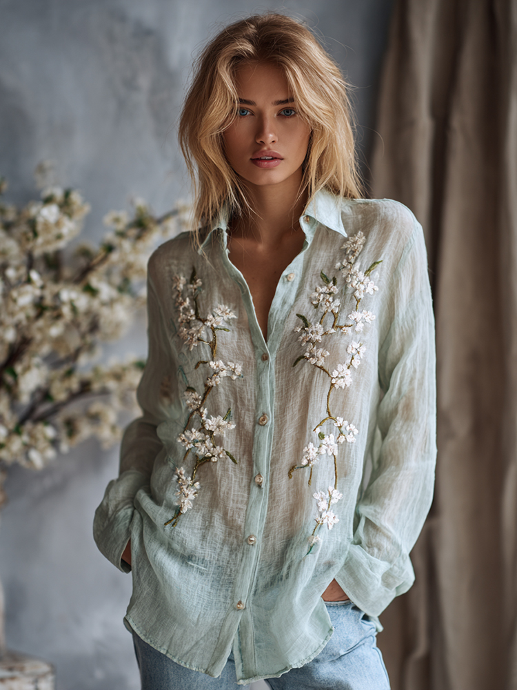 Vintage Plum Bossom Embroidered Linen Long Sleeve Shirt