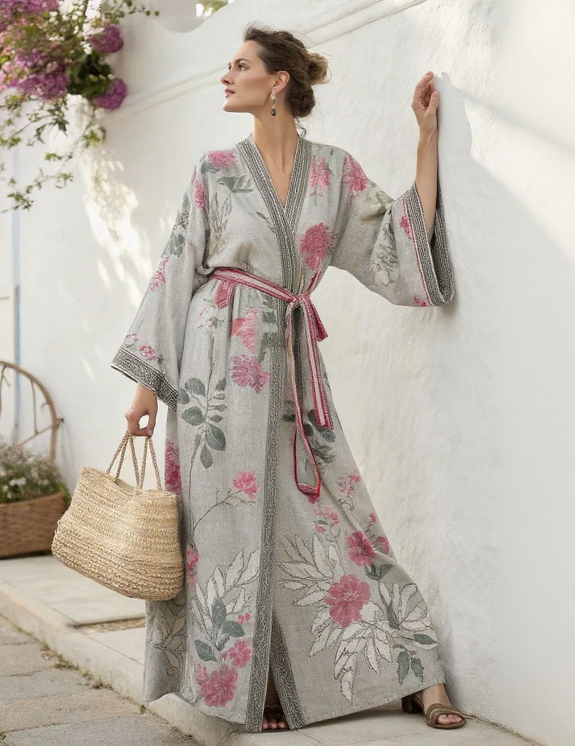 Artistic floral resort pattern kimono robe (with belt)