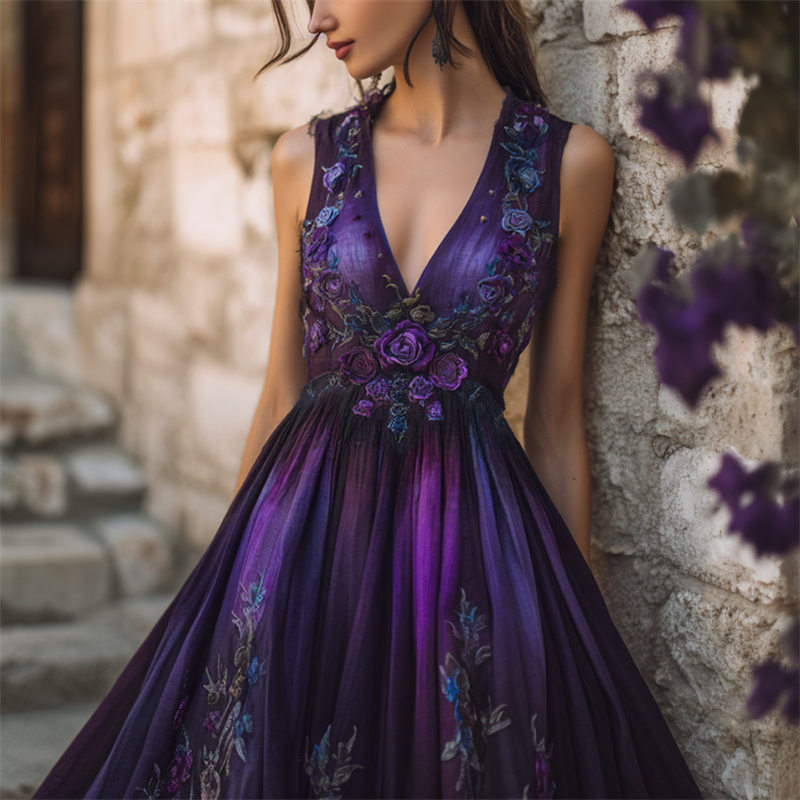 Mystical Purple Roses Vines Embroidered Linen Maxi Dress
