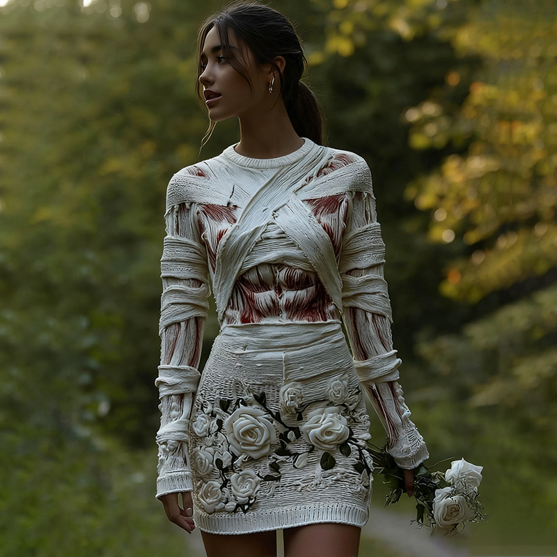 Women's Halloween Muscle Anatomy Bandage With Rose Art Cozy Knit Mini Sweater Dress
