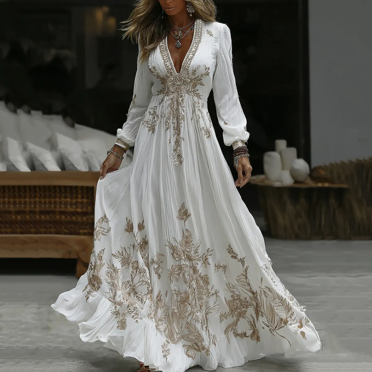 Women's Vintage Floral Embroidery Art Casual Long Sleeve Maxi Dress