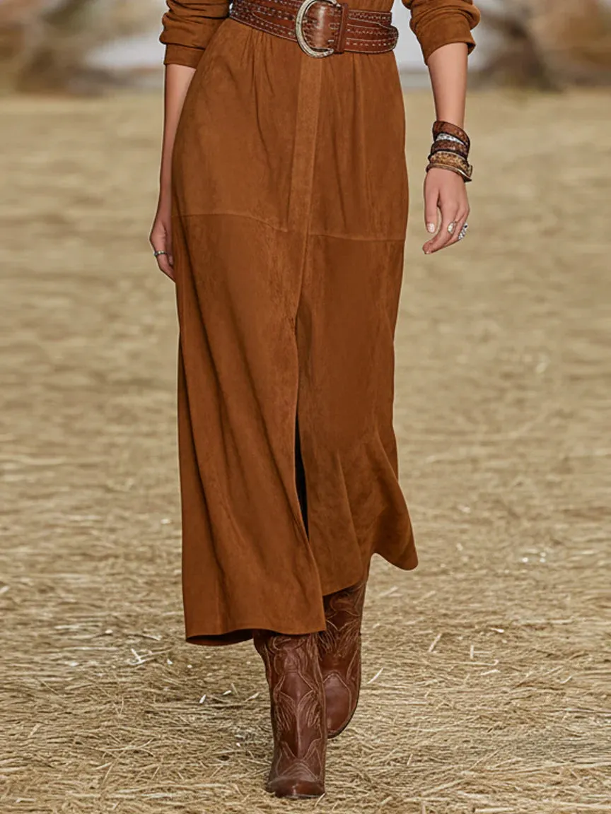 Faux Suede Shirt Collar Maxi Dress (belt Not Included)